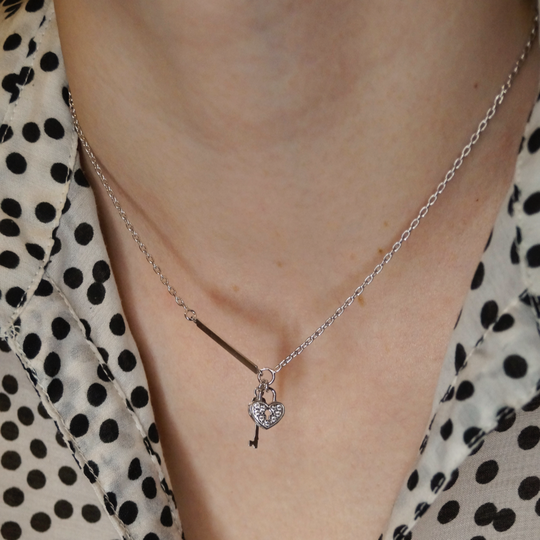 Lancic od srebra 925, visoki sjaj - sa privjescima u obliku srca s kljucanicom i kljucem