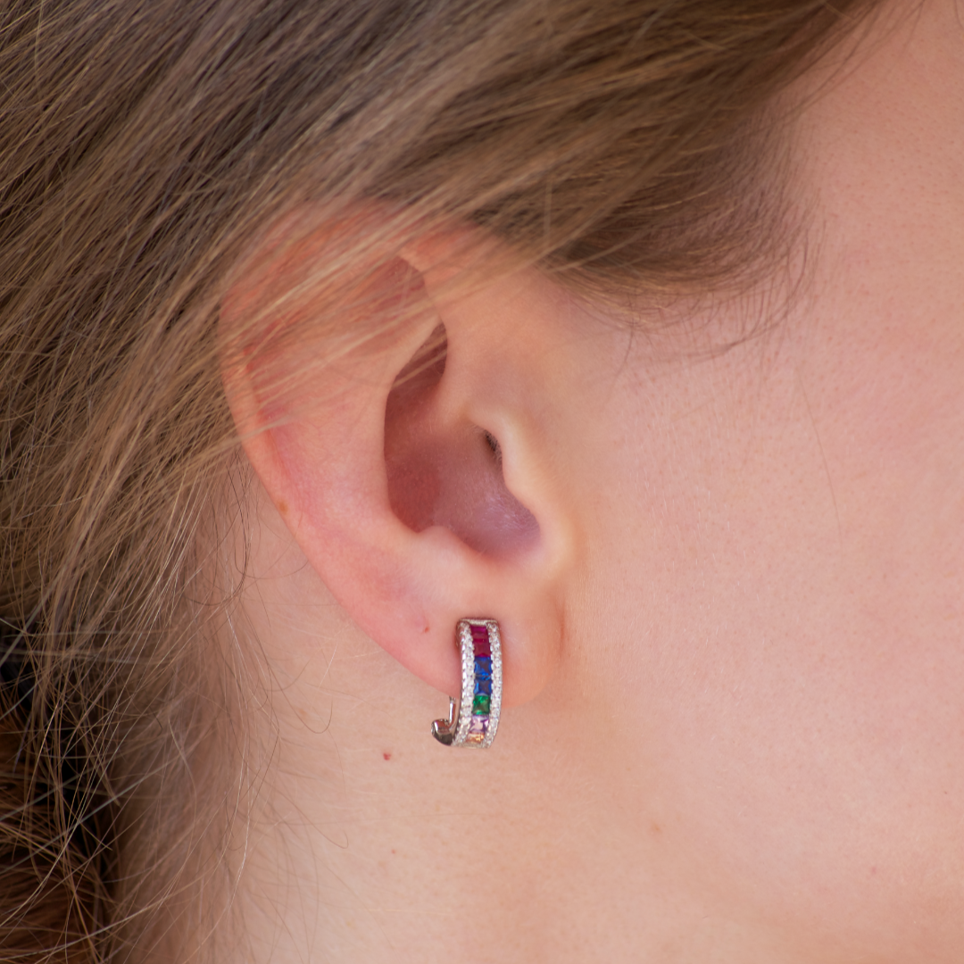 Rin nausnice su izradene od srebra 925. Ukrasene su sjajnim cirkonima s vanjske strane, a unutranji red je sacinjen od raznobojnih cirkona.
Kopcanje je na leptiric.